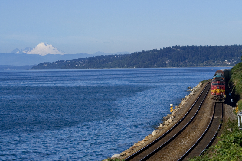 The Amtrak train runs along the shore of the Puget Sound from Edmonds to Bellingham