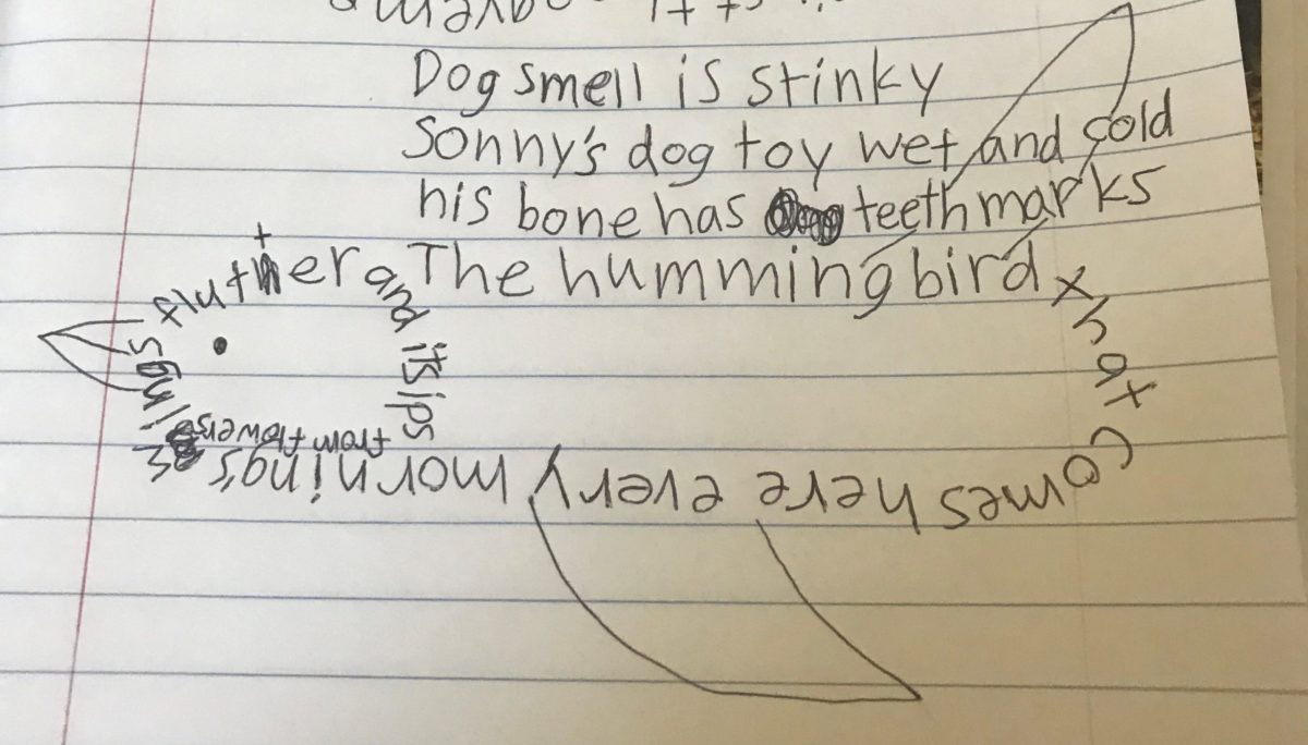 handwritten poem in bird shape