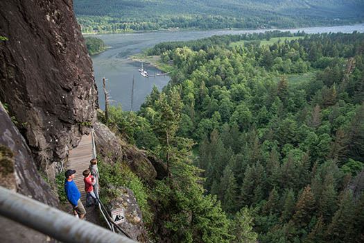hiking up steep path, river in backgroiund