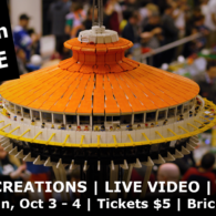 BrickCon: view of the top of a Lego space needle, with Lego minifigures looking out from it