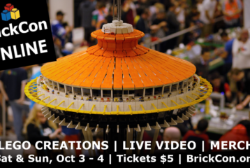 BrickCon: view of the top of a Lego space needle, with Lego minifigures looking out from it