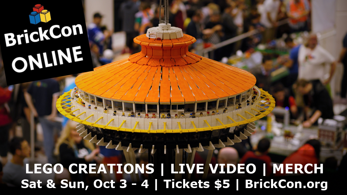 BrickCon: view of the top of a Lego space needle, with Lego minifigures looking out from it