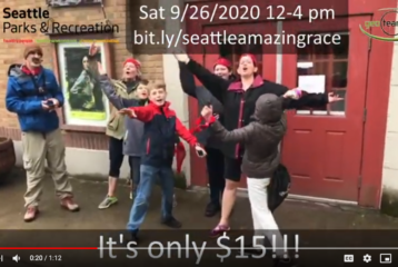 Amazing Race: family shows off their moves outside the Bathouse Theatre in Green Lake Park