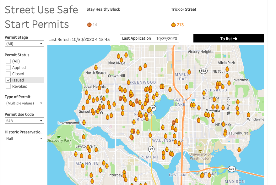 Trick or treating: Map of Seattle showing the location of "Trick or Street" blocks