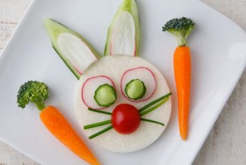 Bunny face on plate made with carrots, cucumbers, radishes, jicama and broccoli