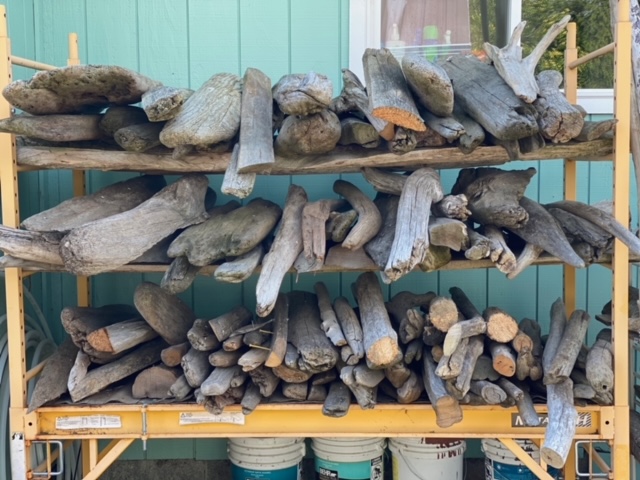 Piles of dirftwood that Treat has collected.