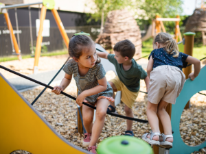 Wonderland Child & Family Services - Children playing and climbing on an outdoor playground with ropes