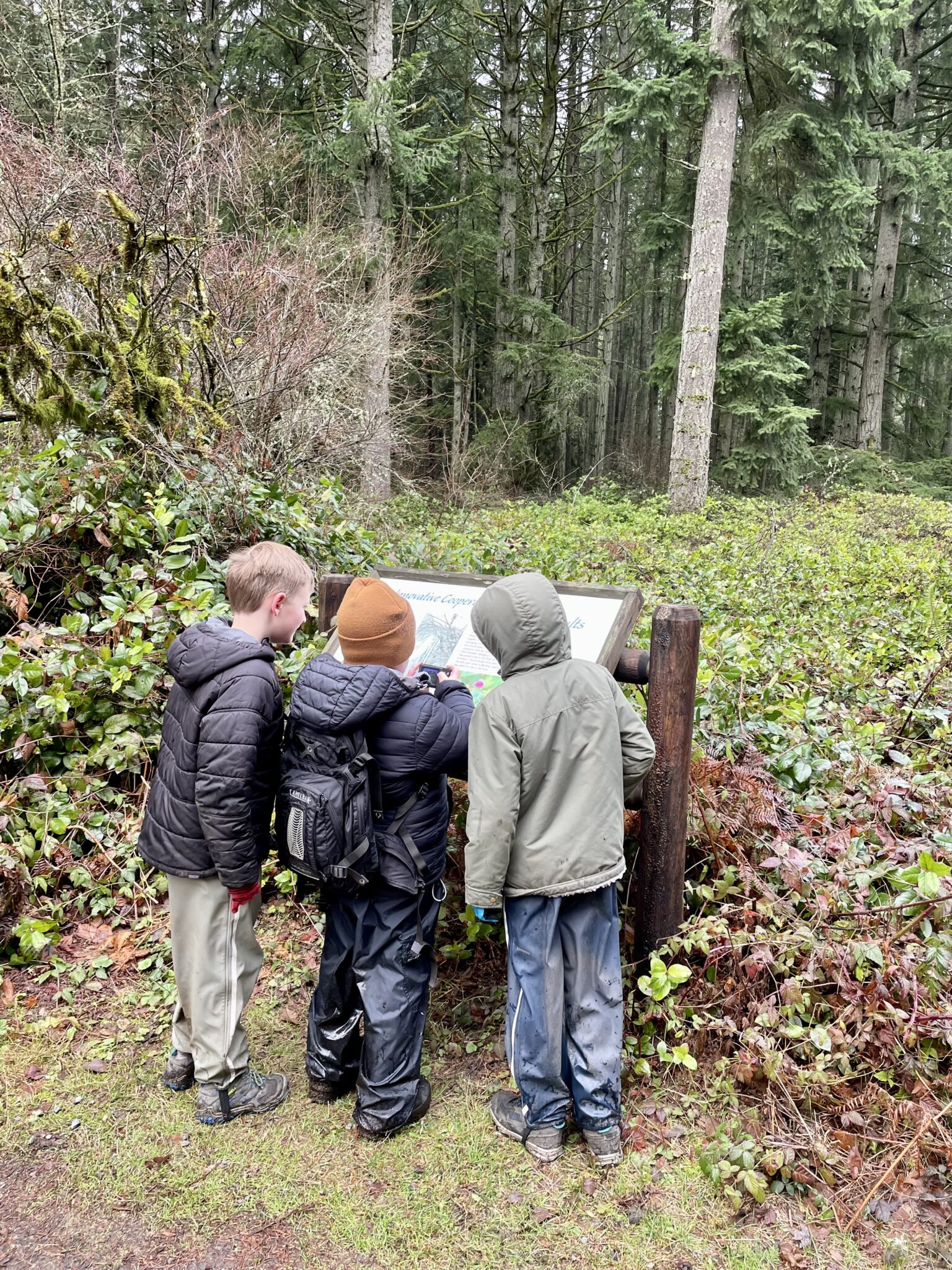 Three kids huddle around park map