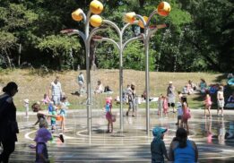 On a hot day North Acres Spray Park is full of kids playing.