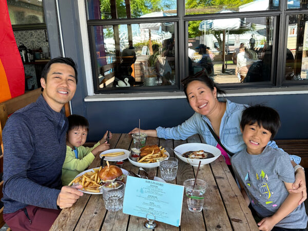 Out to lunch at a nearby restaurant eating fish and chips and other seafood dishes