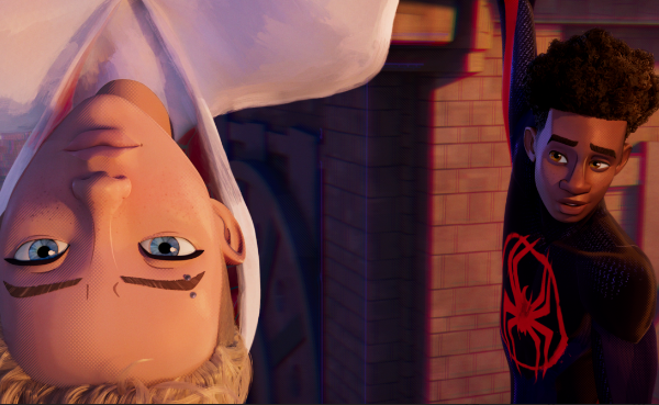 Miles Morales, in half of his spiderman suit, hangs with Gwen having a conversation