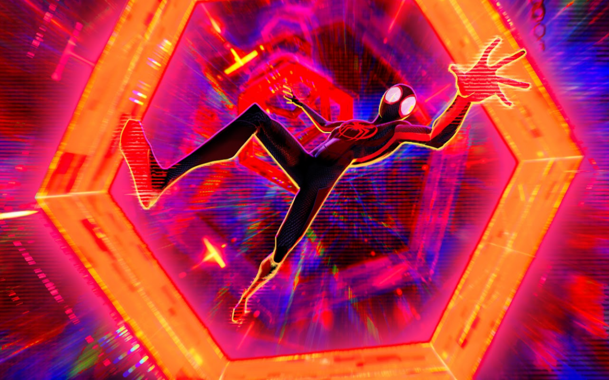 Spiderman falling down a colorful warped realm