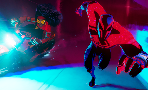 Spiderwoman on a motorcycle riding with Spiderman 2099