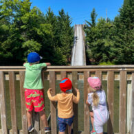 Kids watch the Timberhawk roller coaster roaring by at Wild Waves during a summer visit.