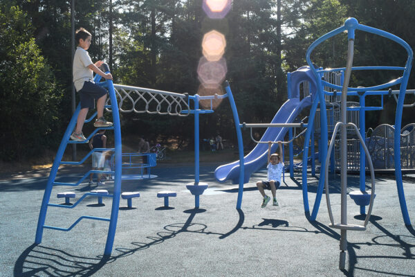 Climb and hang from the monkey bars or slide down the long slide.