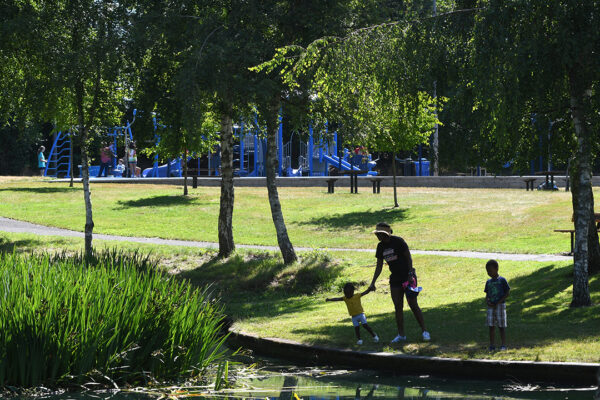 A pond is located near this new inclusive playground in Lynnwood.