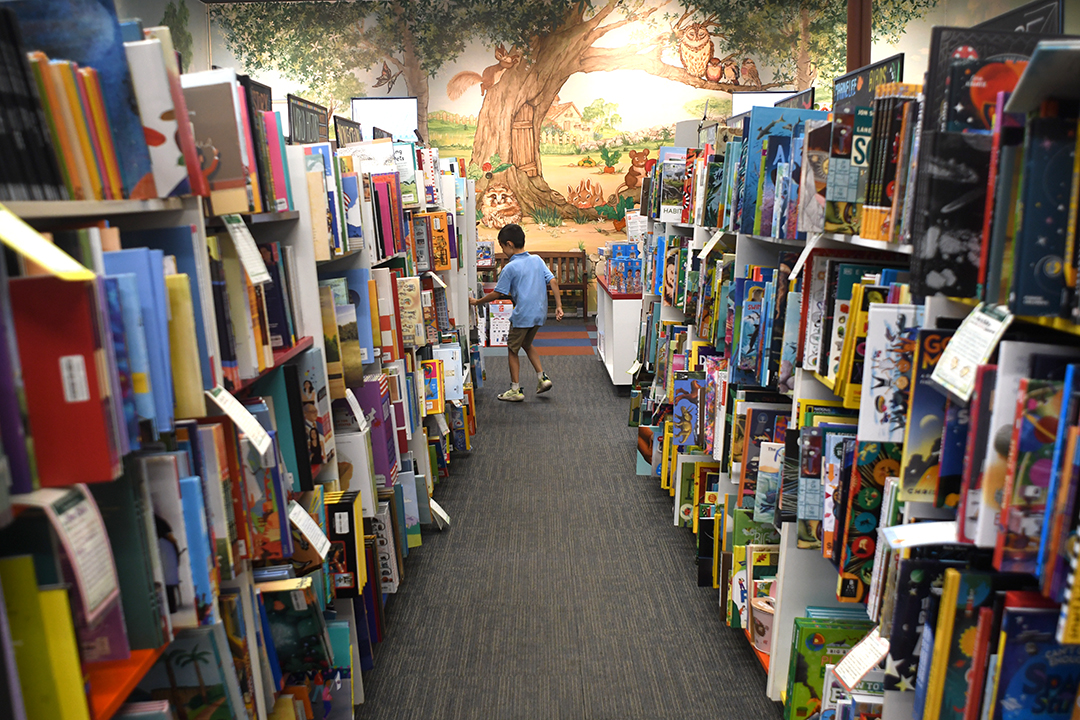 Child browsing books in the kids’ section of a bookstore, surrounded by colorful shelves and displays
