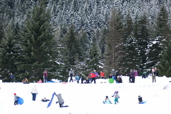 Many kids play in the snow at a sno park.