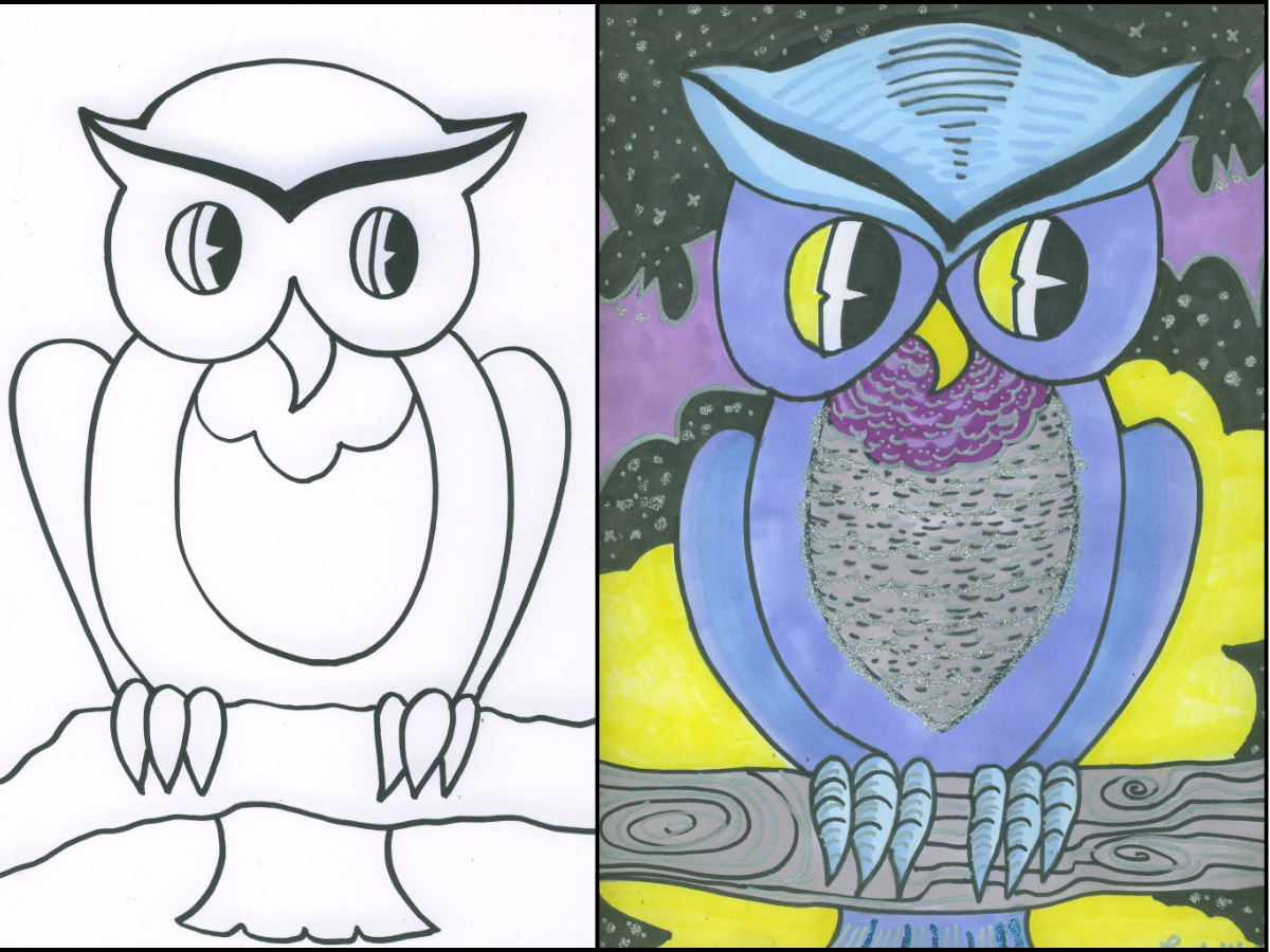 Side-by-side owl drawing showing black-and-white outline next to a colorful finished version of this kids’ fall art project.