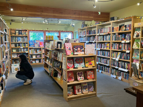 Interior shot of Queen Anne Book Company, rows and rows of kids books. 