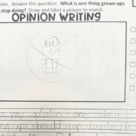 Children's homework assignment drawing of a phone, and words that say "I hate phones."