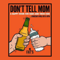 Logo with Don't Tell Mom words, and illustration of an adult hand holding a beer cheersing a baby hand holding a bottle.