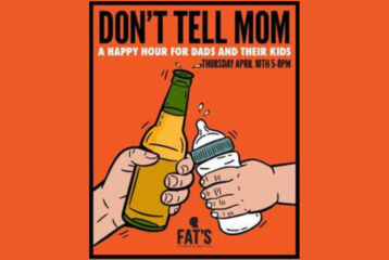 Logo with Don't Tell Mom words, and illustration of an adult hand holding a beer cheersing a baby hand holding a bottle.
