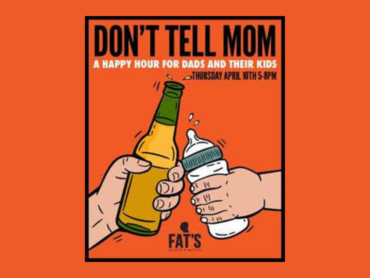 Logo with Don't Tell Mom words, and illustration of an adult hand holding a beer cheersing a baby hand holding a bottle.