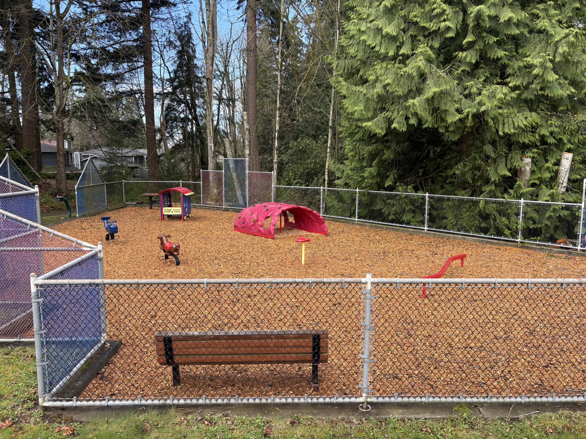 Enclosed woodchipped play area with bench and play structures
