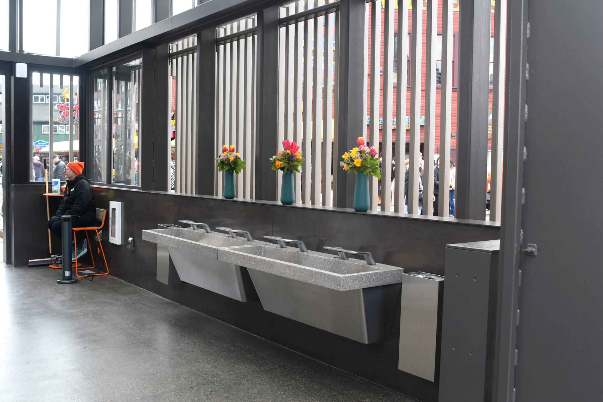 Seattle Waterfront public restrooms with flower bouquets