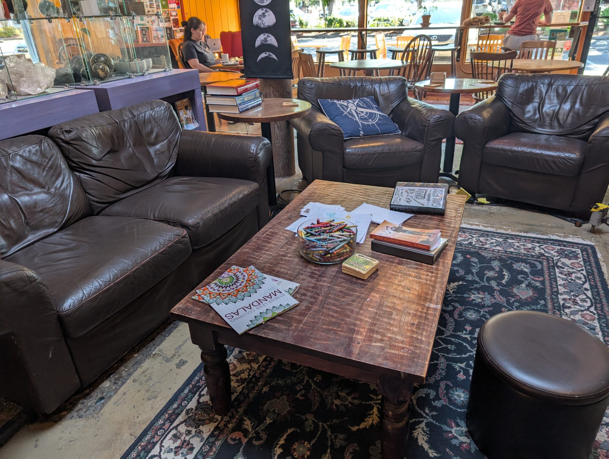 Children’s table with crayons, books, and drawing supplies at SoulFood CoffeeHouse in Redmond