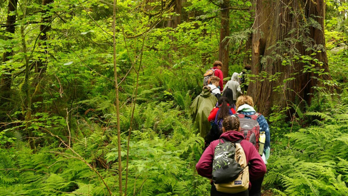 Students exploring nature during an outdoor school program in Washington