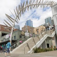Stairs descending from downtown Seattle toward the waterfront, part of a kid-friendly Seattle art walk route.
