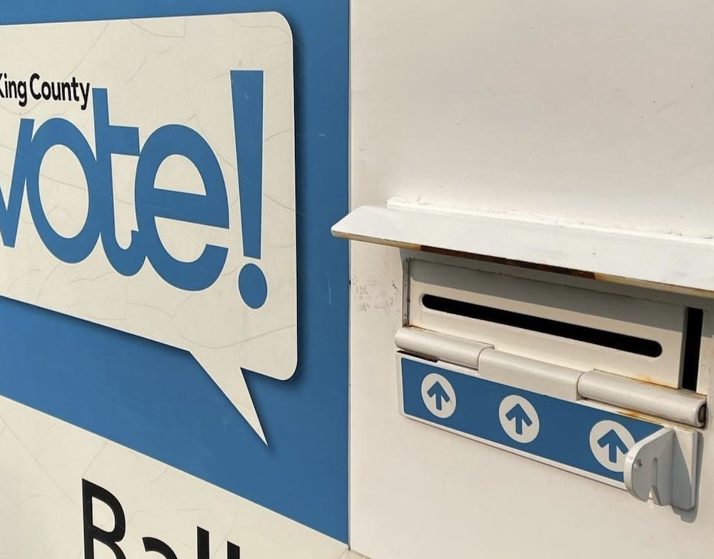 A King County Elections drop box for the 2025 Seattle School Board election