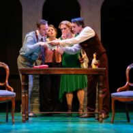 Cast of Murder on the Links performing at Taproot Theatre in Seattle.