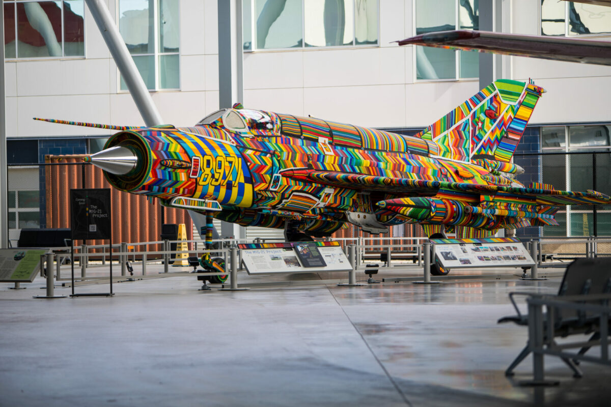 Full view of beaded MiG-21 fighter jet on display at Museum of Flight