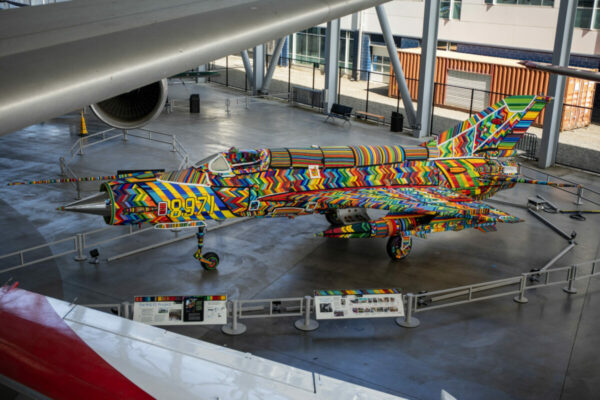 Bead-covered Soviet MiG-21 aircraft as centerpiece of Ralph Ziman’s art exhibit