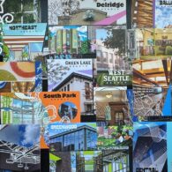 Colorful postcard inside the Seattle Public Library, with shelves of books in the background.