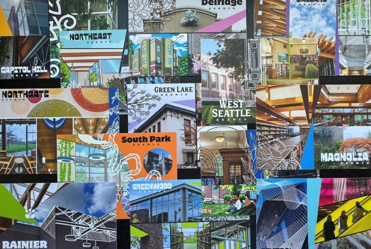 Colorful postcard inside the Seattle Public Library, with shelves of books in the background.