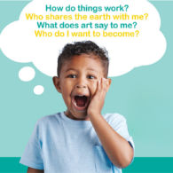 A young child wearing a light blue shirt stands in front of a turquoise background, mouth open in surprise, with a large white thought bubble overhead containing colorful text questions about curiosity and learning.