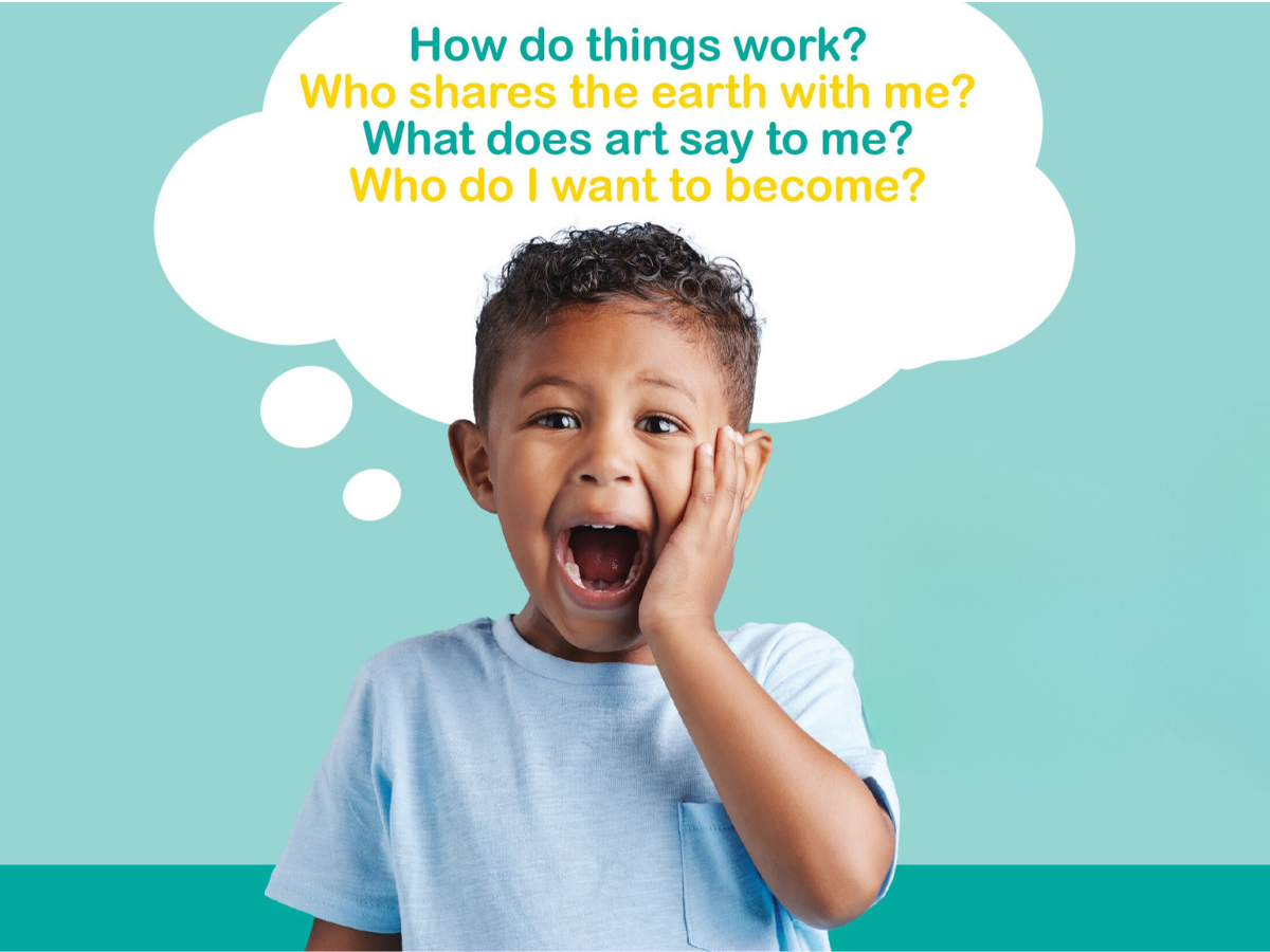 A young child wearing a light blue shirt stands in front of a turquoise background, mouth open in surprise, with a large white thought bubble overhead containing colorful text questions about curiosity and learning.