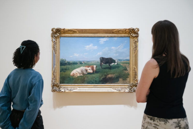 Visitors take a closer look at a vibrant cow painting inside Seattle Art Museum’s Farm to Table exhibit, a family-friendly exploration of how our food is grown and gathered.